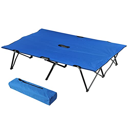 Outsunny 2 Person Folding Camping Cot for Adults, 50″ Extra Wide Outdoor Portable Sleeping Cot with Carry Bag, Elevated Camping Bed, Beach Hiking, Blue