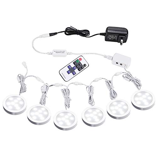 AIBOO Linkable Under Cabinet LED Lighting Kit 12V Slim Dimmable LED Puck Lights with Wireless Controller & UL Listed Wall Plug for Under Counter Lights, Display, Book Case Lighting(6 Pcs, 6000K)