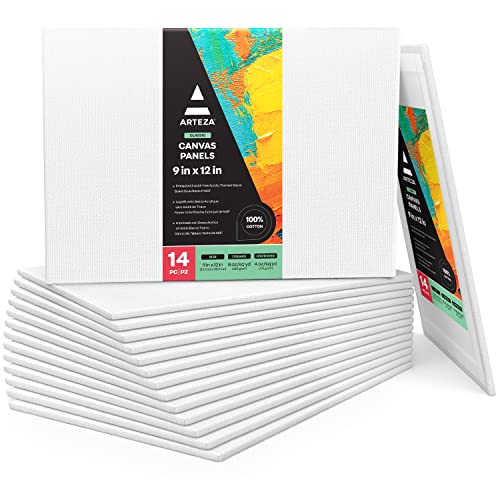 Arteza Paint Canvases for Painting, Pack of 14, 9 x 12 Inches, Blank White Art Canvas Boards, 100% Cotton, 8 oz Gesso-Primed, Art Supplies for Adults and Teens, for Acrylic Pouring and Oil Painting