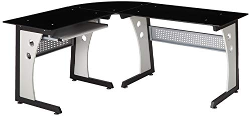 Christopher Knight Home Oria L-Shaped Office Desk with Tempered Glass Top, Black / Grey