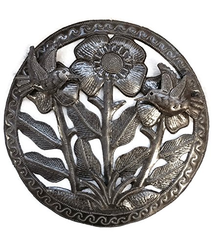 It’s Cactus Small Floral Garden Decor, Wall Plaque, Hummingbirds and Flowers, Haitian Metal Art, 10 Inches Round