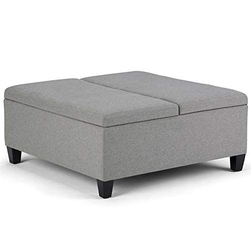 SIMPLIHOME Ellis 36 inch Wide Square Coffee Table Lift Top Storage Ottoman, Cocktail Footrest Stool in Upholstered Dove Grey Linen Look Fabric for the Living Room, Contemporary