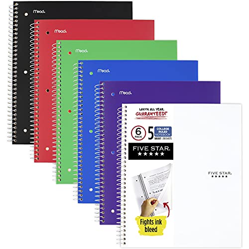 Five Star Spiral Notebook, 6 Pack, 5-Subject, College Ruled Paper, Fights Ink Bleed, Water Resistant Cover, 8-1/2″ x 11″, 200 Sheets, Color Will Vary (73793)