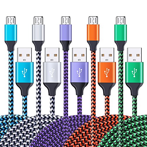 AILKIN Micro USB Cable, 5-Pack 6ft High Speed Nylon Braided Android Charging Cables for Samsung Galaxy J8/J7/S7/S6/Edge/Note5, Sony, Motorola, HTC, LG Android Tablets and More USB to Micro USB Cords
