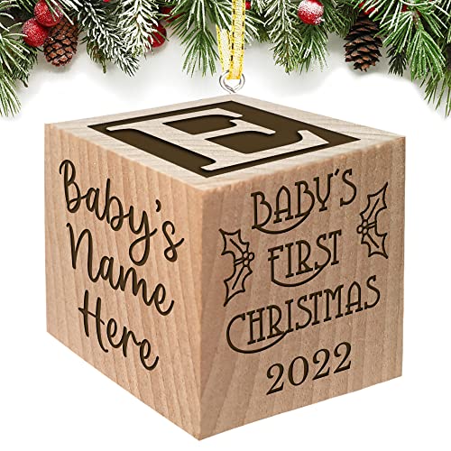 Babies First Christmas Ornament Gift 2022 for Boy or Girl – Keepsake Personalized Baby Block Custom Engraved Wooden My First Babys Baby’s for Newborn Infant Mom, Dad, 1st Gift Date by Glitzby