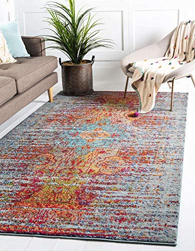 Unique Loom Vita Collection Traditional Vintage Over-Dyed Saturated Bohemian Area Rug, 4′ 0″ x 6′ 0″, Light Blue/Navy Blue