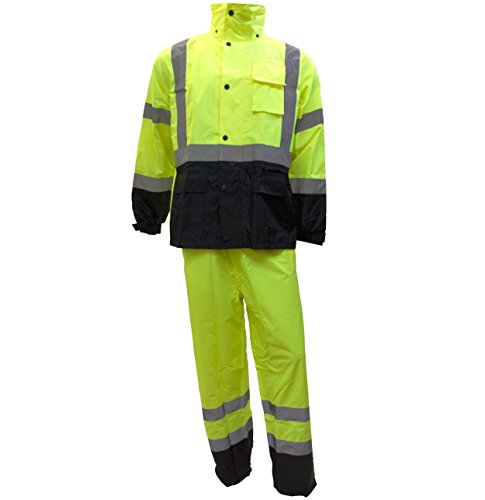 New York Hi-Viz Workwear RK Safety Class 3 Rain suit, Jacket, Pants High Visibility Reflective Black Bottom RW-CLA3-LM11 (Extra Large, Lime)