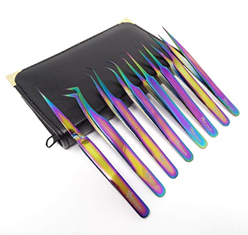 A2Z SCILAB Set of 8 Piece Stainless Steel Multi Rainbow Color Eyelash ExtensionTweezers