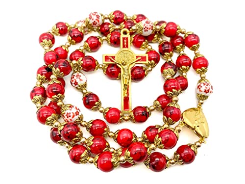 Nazareth Store Saint Benedict Red Rosary Beads Catholic Necklace Flowers Mystery Bead Miraculous Medal Locket Cross Prayer Rosarios Catolicos