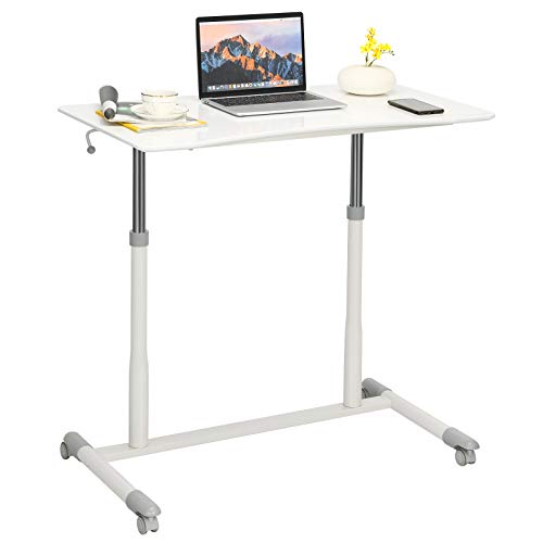 Tangkula Mobile Standing Desk Computer Desk, Small Height Adjustable Stand Up Desk on Wheels, Rolling Compact Standing Desk with Steel Frame, MDF PVC Tabletop, Ideal for Home Office, White