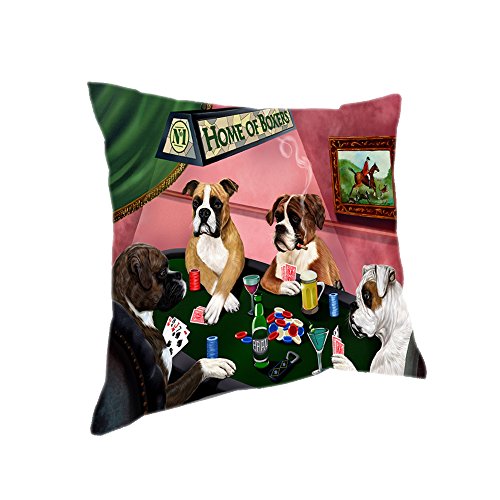 Home of 4 Boxers Dogs Playing Poker Pillow (18×18)