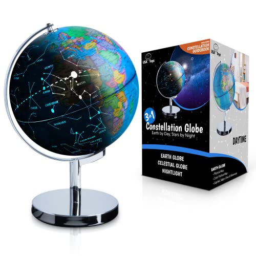 USA Toyz Illuminated Globe of the World with Stand – 3in1 World Globe, Constellation Globe Night Light, and Globe Lamp with Built-In LED, Easy to Read Texts, and Non-Tip Base, 13.5 Inch Tall
