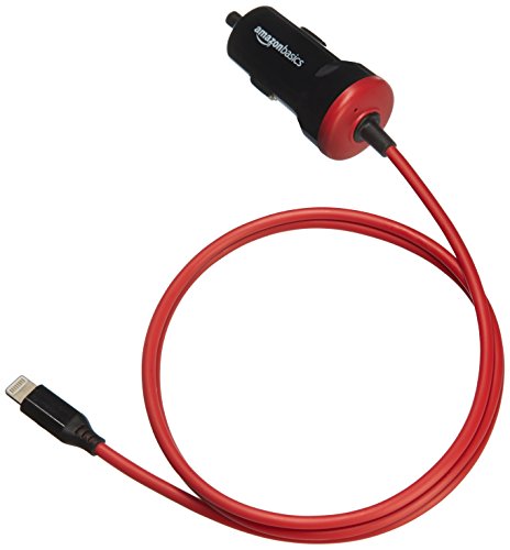 Amazon Basics 12W (5V, 2.4A) Car Charger with Lightning Cable (Straight) for iPhone and Apple Devices, 3 ft – Black and Red