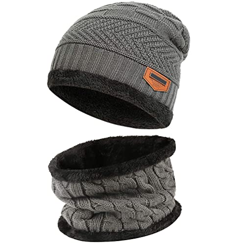 Mens Womens Winter Beanie Hat Scarf Set Warm Knit Hat Thick Fleece Lined Winter Cap Neck Warmer for Men Women