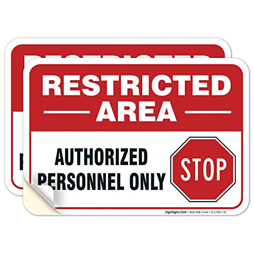 Restricted Area Authorized Personnel Only Stop Sign, (2 Pack) 10×7 Inches, 4 Mil Vinyl Decal Stickers Weather Resistant, Made in USA by Sigo Signs