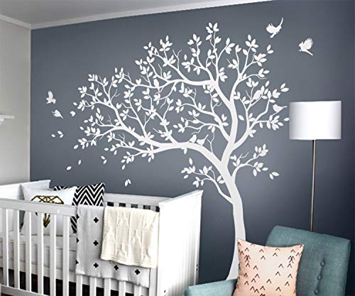 Large Tree Wall Decals Nursery Tree Stickers with Birds Stunning Tree Wall Art Mural Vinyl Wall Decor KW032 (Leaning Left, White)