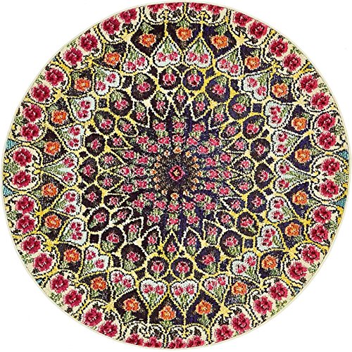 Unique Loom Vita Collection Bright Bohemian Over-Dyed Circular Floral Patterned Traditional Vintage Area Rug, 4 ft x 4 ft, Multi/Yellow