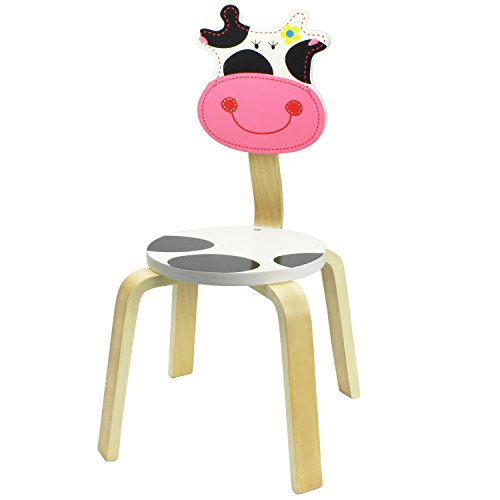 iPlay, iLearn 10 Inch Kids Solid Hard Wood Animal Chair, Stackable Wooden Finished, Preschool, Daycare, Bedroom, Playroom, Nursery Seat, Cow Furniture Stool for Toddlers, Children, Boys, Girls