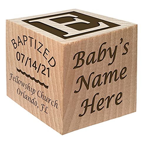 Glitzby Baptism – Christening – Dedication Keepsake – Personalized Baby Block Baptizm Gift Custom Engraved Wooden Baby Block for Boy & for Girl keepsake from godparent godmother