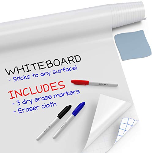 Kassa Reusable & Removable White Board Wallpaper | 17.3″ Wide x 96″ Long Self Adhesive Dry Erase Contact Paper | 3 Markers & Eraser Cloth Included | for Home, Office, School & Kids Art & Decoration