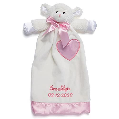 Personalized Baptism Gift – Lovable Lamb Security Blanket Lovie – 15 inch – Pink Embroidery (Pink)