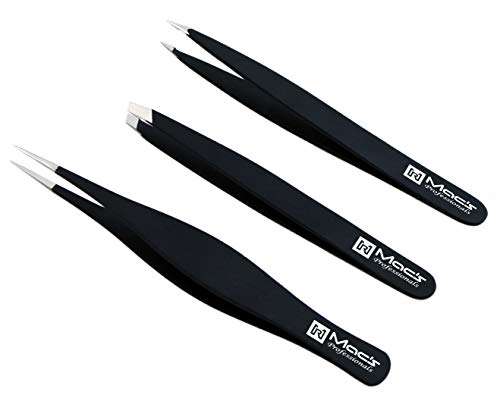 MACS TWEEZERS SET;- for Eyebrow Plucking, Ingrown Hair -Best for Eyebrow Hair, Facial Hair Removal – Stainless Steel Precision Sharp- Pointy Ends Meet Perfectly. (3 PCs Black Tweezers Set)