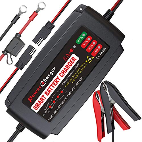 BMK 12V 5A Smart Battery Charger Portable Battery Maintainer with Detachable Alligator Rings Clips Fast Charging Trickle Charger for Car Boat Lawn Mower Marine Sealed Lead Acid Battery