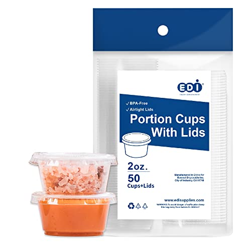 EDI [2 OZ, 50 Sets] Clear Disposable Plastic Portion Cups with Leakproof Lids | Jello Shot Cups | Condiment and Dipping Sauce Cups | Souffle Cups | BPA Free | Recyclable