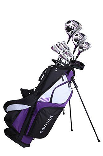 Aspire XD1 Ladies Womens Complete Right Handed Golf Clubs Set Includes Titanium Driver, S.S. Fairway, S.S. Hybrid, S.S. 6-PW Irons, Putter, Stand Bag, 3 H/C’s Purple (Right Hand Petite -1″)