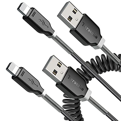 Coiled Lightning Cable for Car 2 Pack, Terasako Coil iPhone Charger Cable Compatible with iPhone 12Pro Max/12Pro/12/11/XS/XS Max/XR/X/8/8 Plus/iPad/iPod – Black