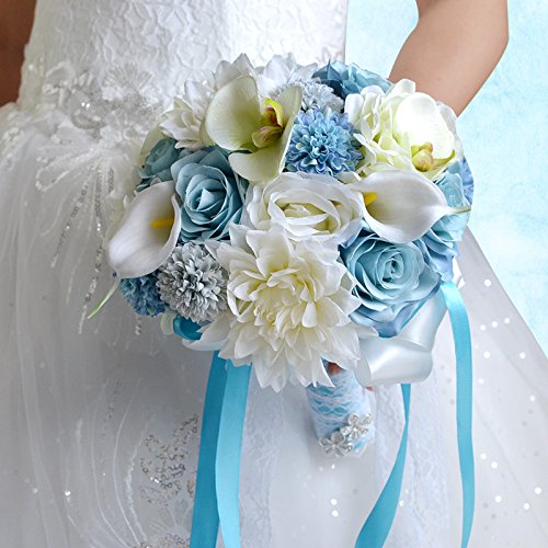 Abbie Home Real Touch Calla Lily Dahlia Bridal Bouquets Crystal Light Blue Ribbon Beach Wedding Rose Flowers Décor (B Round Bouquet) | The Storepaperoomates Retail Market - Fast Affordable Shopping