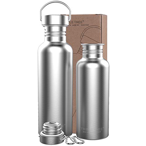 TRIPLE TREE 34 OZ Uninsulated Single Walled Stainless Steel Sports Water Bottle 18/8 Food Grade for Cyclists, Runners, Hikers, Beach Goers, Picnics, Camping – BPA Free