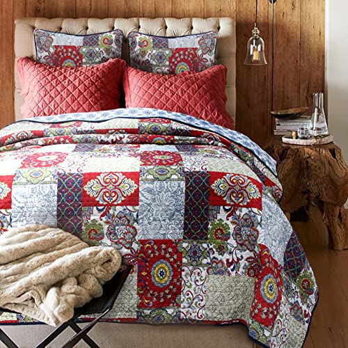 Cozy Line Home Fashions 100% Cotton Reversible Red Blue Tan Country Western Farmhouse Quilt Bedding Set, Coverlet, Bedspread (Fleur-de-lis, Queen – 3 Piece)