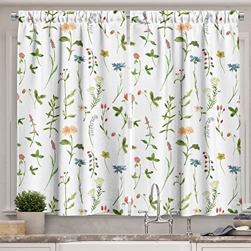 Ambesonne Floral Kitchen Curtains, Spring Season Themed Watercolors Painting of Herbs Flowers Botanical Garden Artwork, Window Drapes 2 Panel Set for Kitchen Cafe Decor, 55″ X 39″, Ivory