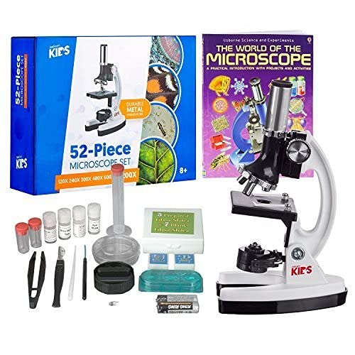 AmScope – M30-ABS-KT2-W-WM 1200X 52-pcs Kids Student Beginner Microscope Kit with Slides, LED Light, Storage Box and Book”The World of The Microscope” White