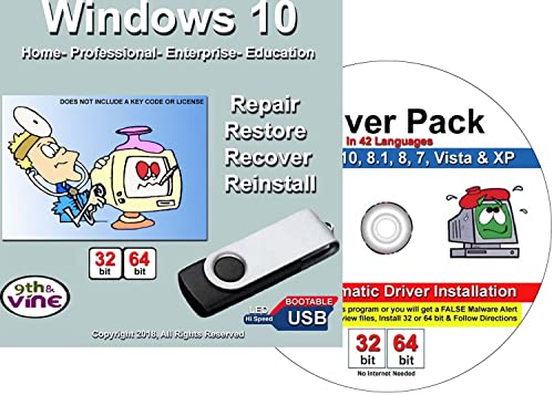 9th & Vine Compatible Windows 10 Home, Professional, Education & Enterprise 32/64 Bit Repair, Install, Recover & Restore USB & Drivers Dvd.