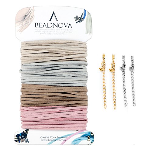 BEADNOVA Leather Cord for Jewelry Making Leather Strips for Crafts Leather String Suede Cord Faux Lace Thread for Bracelets (4 Colors, 3.3 Yard, 3mm)