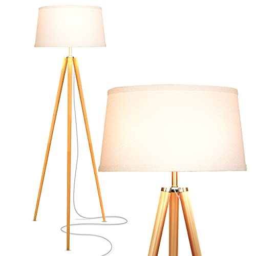 Brightech Emma LED Floor Lamp, Tall Lamp with Wood Legs, Mid-Century Modern Standing Lamp for Bedroom Reading, Tripod Lamp for Living Rooms & Offices, Great Living Room Décor