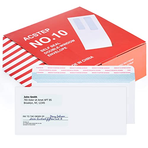 Acko #10 500Pack Double Window Envelopes Self Seal Security Envelopes For Business, Quickbooks Check With Self Sealing Closure, 4 1/8 x 9 1/2 White