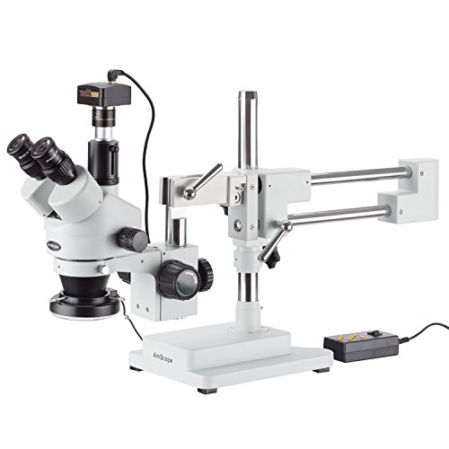 AmScope 3.5X-180X Simul-Focal Stereo Zoom Microscope on Dual Arm Boom Stand with 144-LED Ring Light and 14MP Camera, SM-4TPZZ-144-14M