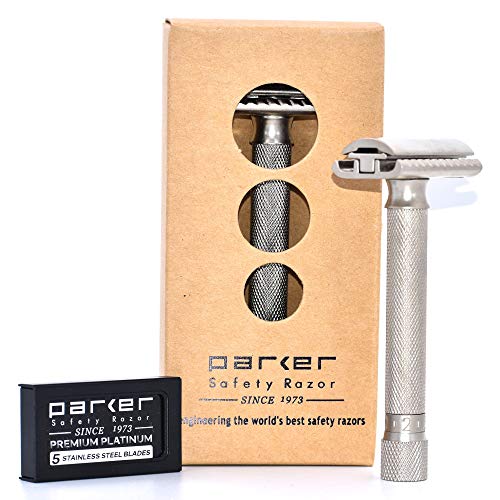 Parker Variant Adjustable Double Edge Safety Razor and 5 Parker Premium Blades – Adjust The Blade Exposure with A Turn of Dial for Milder or More Aggressive Shaves (Satin Chrome)