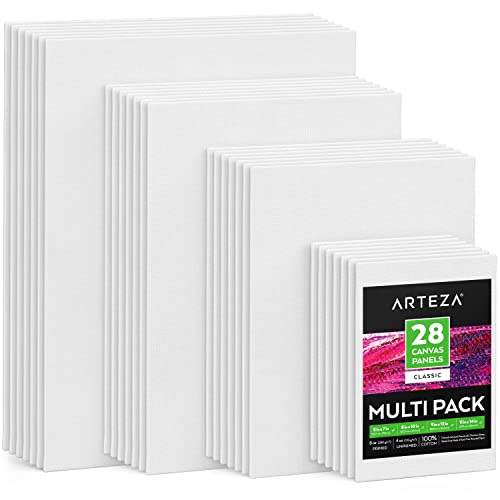 ARTEZA Canvas Boards for Painting, Multipack of 28, 5×7, 8×10, 9×12, 11×14 Inches, Blank White Canvas Panels, 100% Cotton, 8 oz Gesso-Primed, Art Supplies for Acrylic Pouring and Oil Painting