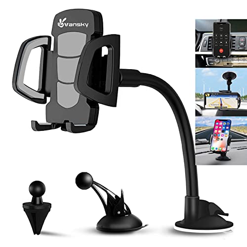 Vansky Car Phone Holder Mount, 3-in-1 Universal Cell Phone Holder Car Air Vent Holder Dashboard Mount Windshield Mount for iPhone 12 11 X XR 7/7 Plus, Samsung Galaxy S9 LG Sony and More