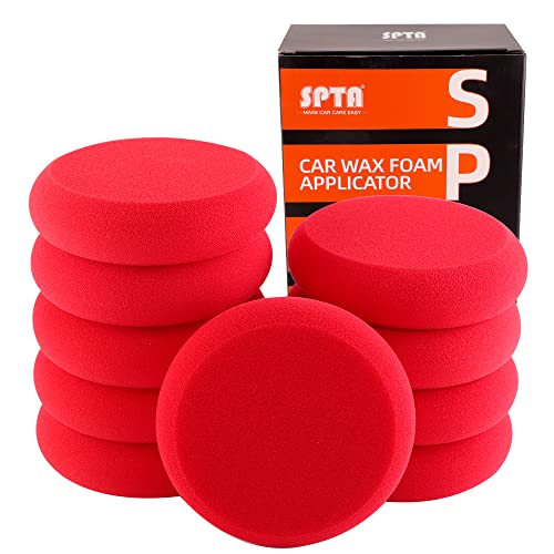 SPTA Foam Applicator Pads, 4 Inch Round Shape Side Pressing Hand Polishing Red Sponge Pads Kit Detailing Buffing Pads for Waxing Polishing Paint Ceramic Glass Cleaning, Pack of 10 -HPWR10