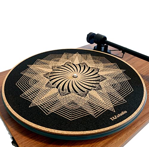 TazStudio Cork Turntable Mat for Better Sound Support on Vinyl LP Record Player – Original Geometric Design Psychedelic Geometric Black Light Art [4mm Thickness]