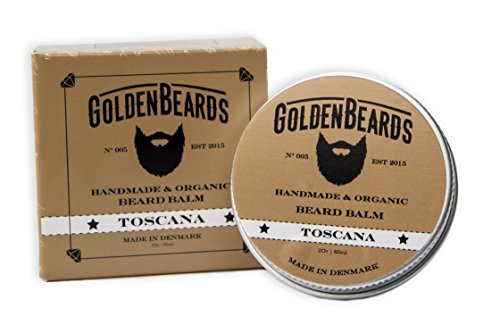 Organic Beard Balm -Toscana – 60ML – 100% Natural Golden Beards | Jojoba & Argan & Apricot Oil. All our products are 100% Handcrafted & Handmade. Made in Denmark
