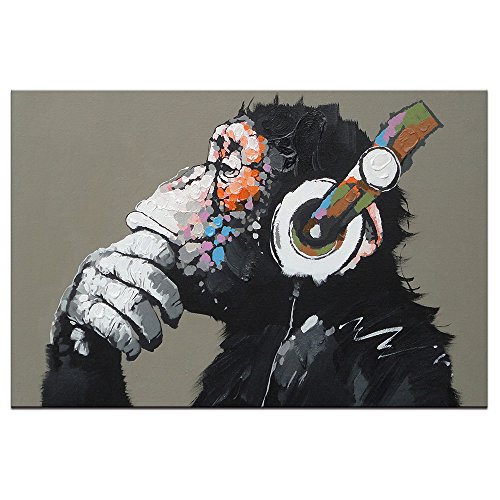 DVQ ART-Framed Animal Music Gorilla Canvas Printed Painting Modern Funny Thinking Monkey with Headphone Wall Art for Living Room Decor Ready to Hang 1 PCS (24x36inch(60x90cm))