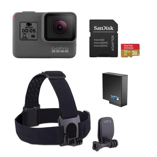 GoPro HERO5 Black – Bundle Head Strap + QuickClip, 32GB Micro SDHC U3 Card, and a Spare Battery