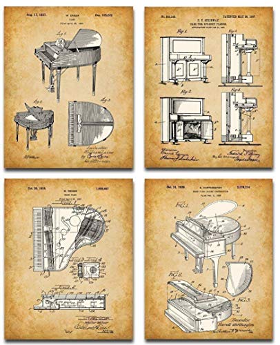 Original Piano Patent Art Prints – Set of Four Photos (8×10) Unframed – Makes a Great Music Studio Decor and Gift Under $20 for Piano Players and Music Lovers