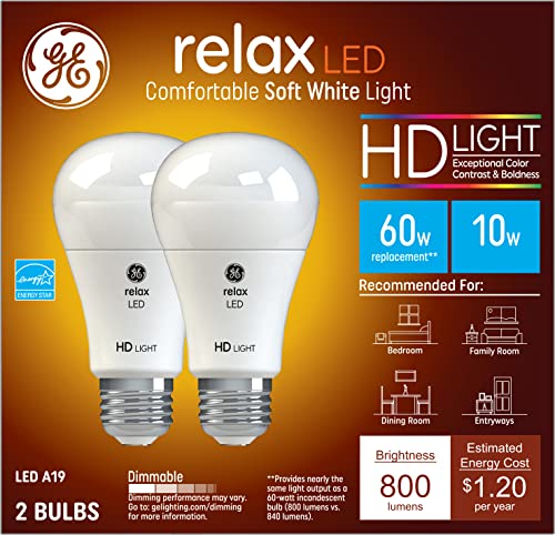 GE Relax HD A19 General Purpose LED Light Bulb, 60-Watt Replacement, Soft White, Medium Base, Dimmable, 2-Pack